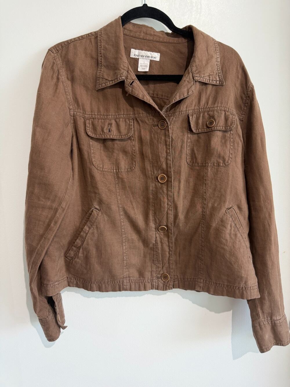JONES New York Linen Brown Jacket Woman Button Up Utility front detail Sz-L
